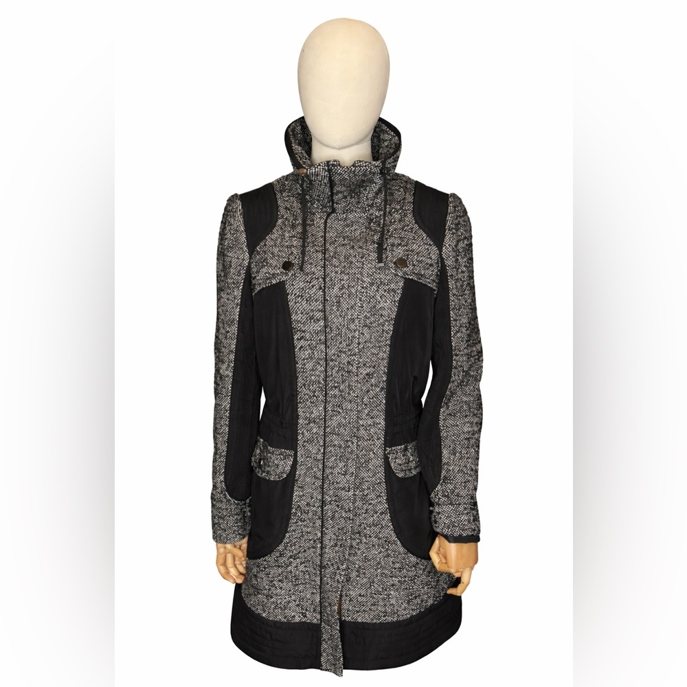 Heine Black & White Tweed Utility Coat | Drawstring Waist Long Jacket Size 8